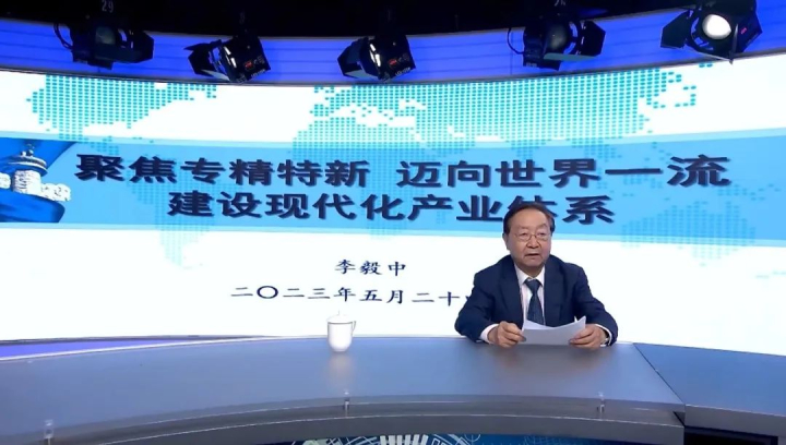 图为李毅中会长通过视频做主旨演讲